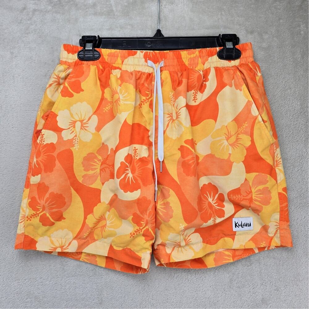 Kulani Kinis Swim Trunks Mens Small Orange Floral Performance Shorts 5”